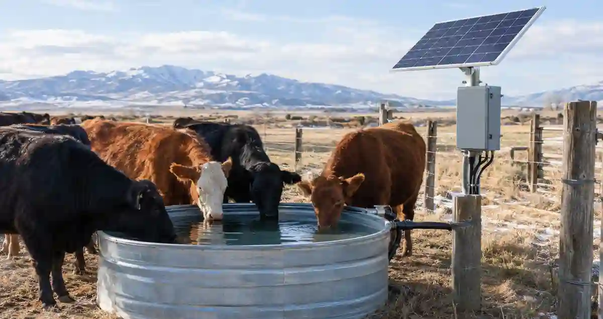 Cattle drinking from a livestock water trough beside solar heating equipment on a ranch.