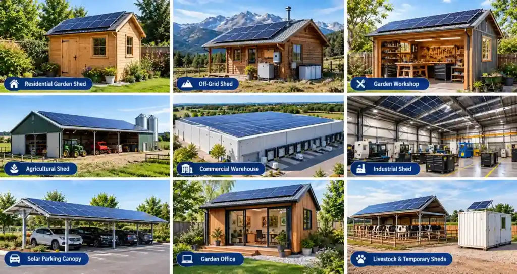 Solar panel for shed applications including residential gardens, off-grid buildings, workshops, farms, warehouses, industrial facilities, parking canopies, garden offices, and livestock shelters.