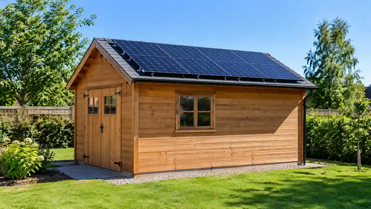 Solar panel for shed mounted on a small garden shed roof