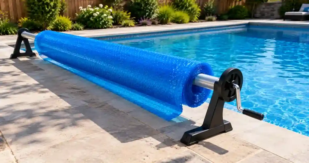 Manual reel holding a rolled solar blanket beside a swimming pool