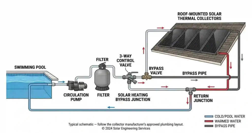 Diagram of pool water flowing through the pump and filter, through a bypass-controlled solar collector circuit, and back to the pool.