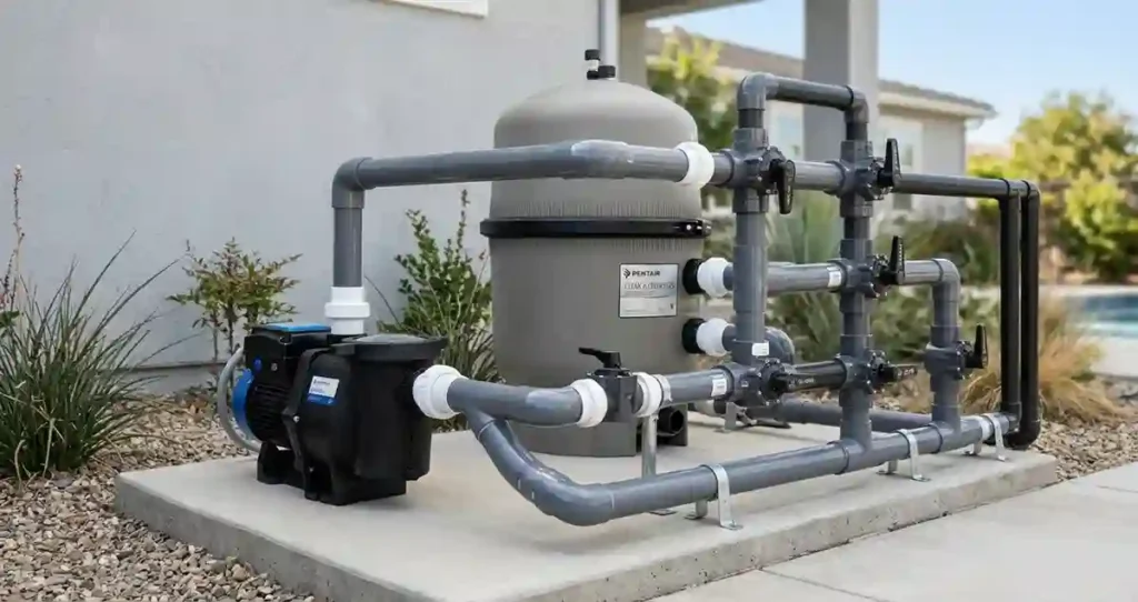 Pool circulation pump, filter and bypass plumbing for a solar pool heating system.