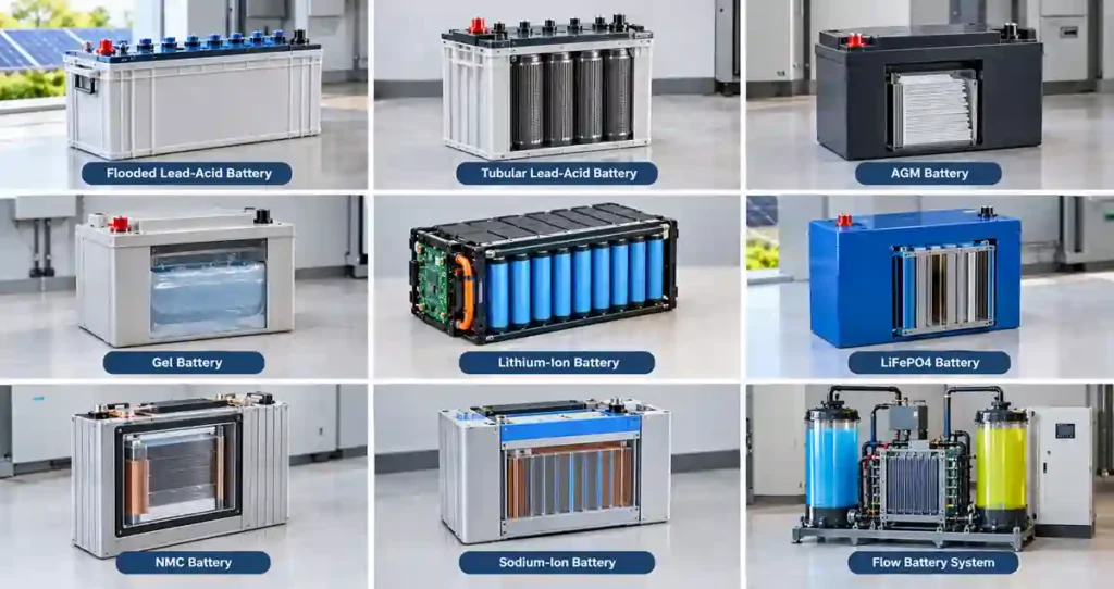 Types of solar batteries including lead-acid lithium-ion LiFePO4 NMC sodium-ion and flow batteries