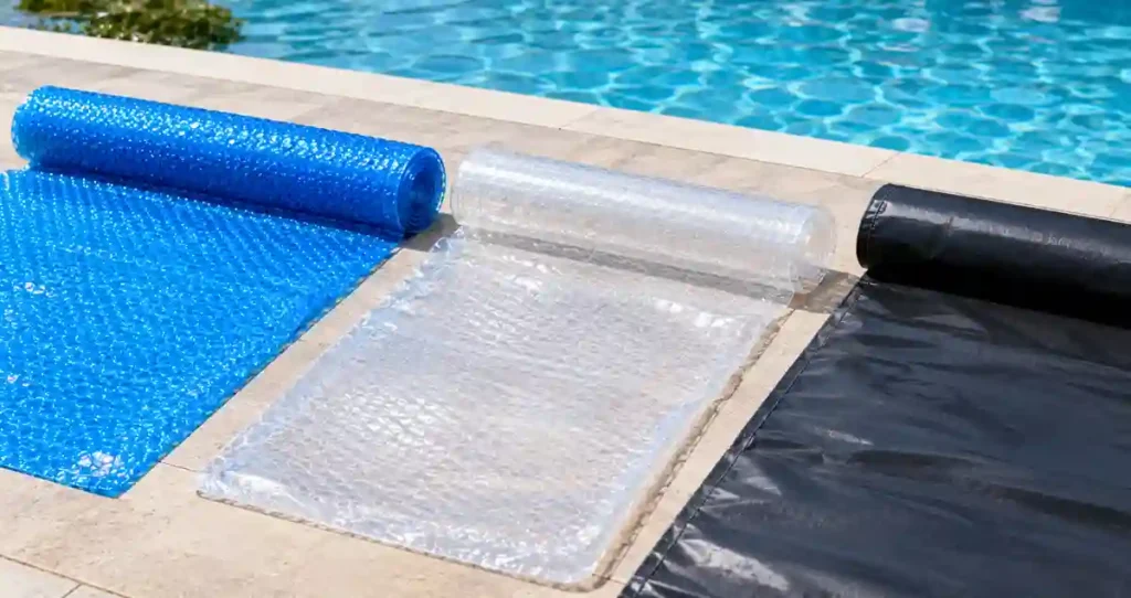Different pool cover materials including blue bubble and clear solar covers